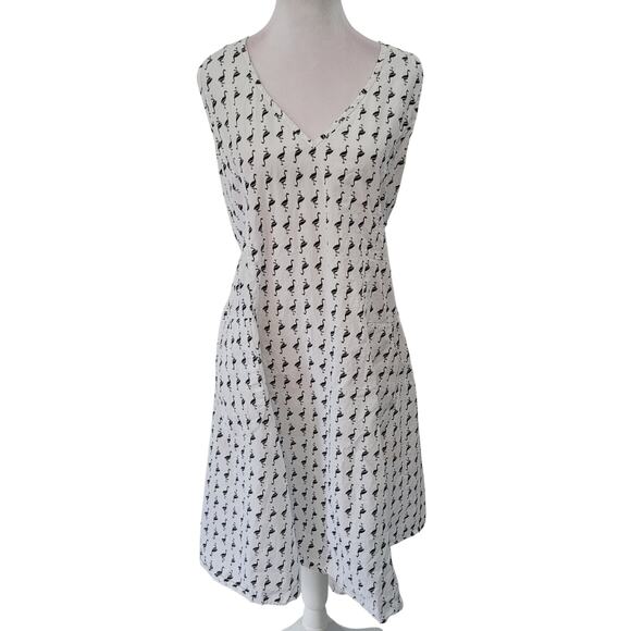 Tulip Size L Flamingo Print Sleeveless Shift Dress White Black Pockets Novelty - Picture 1 of 9